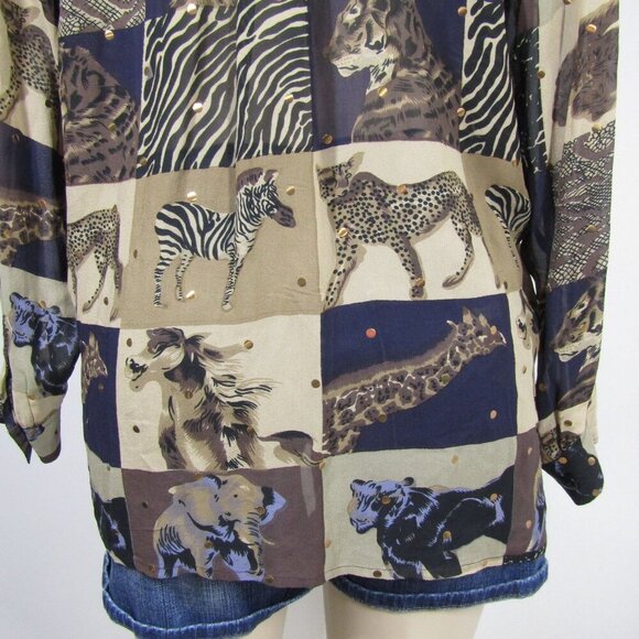 VTG SILK Safari BOHO M Africa Animal Print Button Front Novelty Top Retro Brown - Picture 7 of 10
